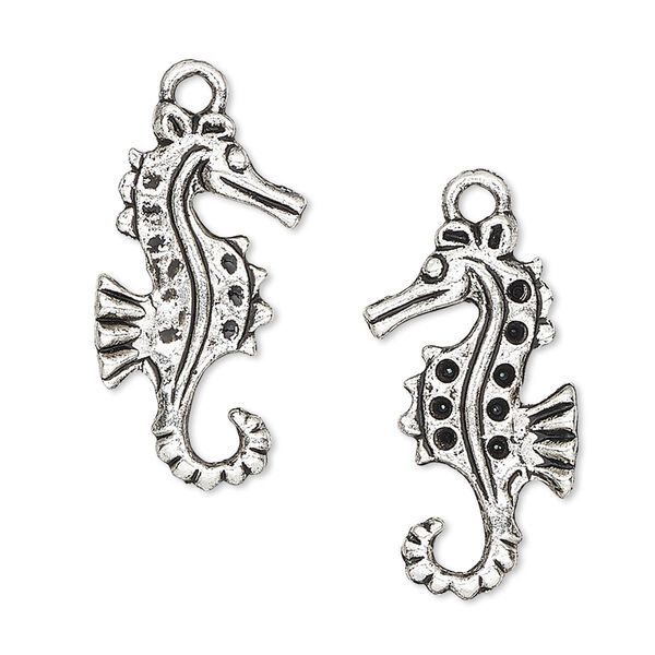 Charm, antique silver-plated "pewter" (zinc-based alloy), 26x13mm two-sided seahorse. Sold per pkg of 4. image number 0