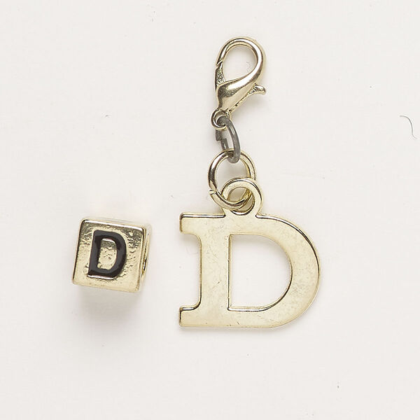 Bead and charm, brass-finished "pewter" (zinc-based alloy) / steel / enamel, black, 7mm cube with alphabet letter "D" and 15x12mm alphabet letter "D" with lobster claw clasp. Sold per pkg of 2. image number 0