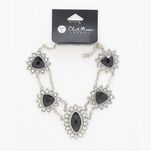 Necklace, silver-finished "pewter" (zinc-based alloy) / steel / acrylic, black and silver, 17 inches with 3-inch extender chain and lobster claw clasp. Sold individually.