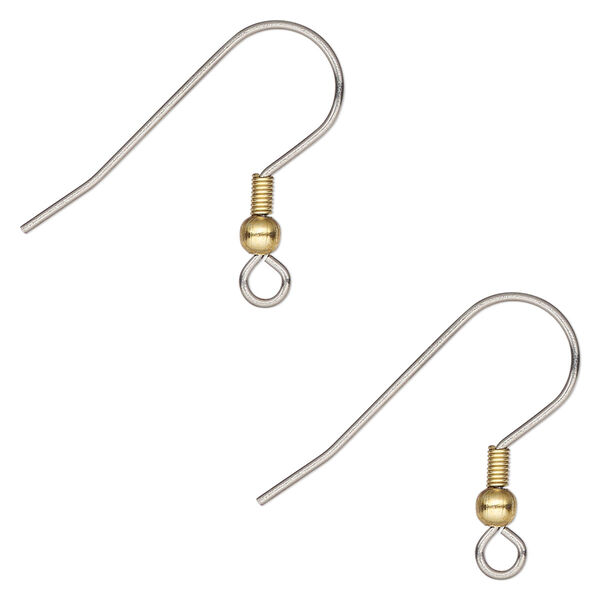 Ear wire, stainless steel and gold-finished stainless steel, 20mm fishhook with 3mm ball and 4mm coil with open loop, 21 gauge. Sold per pkg of 5 pairs. image number 0
