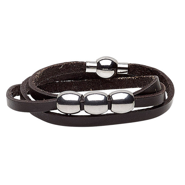 Bracelet, 3-strand wrap, leather (dyed) and stainless steel, dark brown, 10mm wide with 10mm barrel, 6 inches with magnetic clasp. Sold individually. image number 0