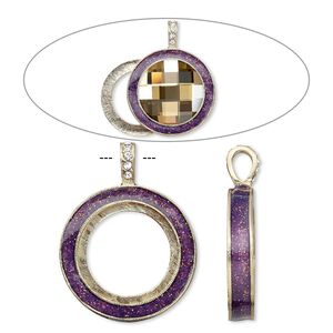 Pendant, Almost Instant Jewelry®, epoxy / crystals / gold-finished "pewter" (zinc-based alloy), amethyst purple and crystal clear with glitter, 45x35mm single-sided with 30mm round setting. Sold individually.