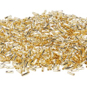 Bead, Miyuki, bugle bead, glass, pkg/250 g, 6x2mm center-drilled twisted, silver-lined translucent gold, (TW-3).