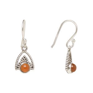 Earring, Create Compliments®, antiqued sterling silver and carnelian (dyed/heated), fishhook, 24.5mm with 11x9mm single-sided beaded arrowhead, 21 gauge. Sold per pair.