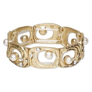 Bracelet, stretch, glass rhinestone / plastic / gold-finished "pewter" (zinc-based alloy), clear and white, 18mm wide with rectangle and cutout design, 6 inches. Sold individually.