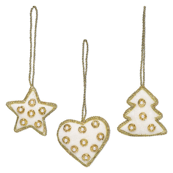 Ornament mix, velveteen / glass pearl / nylon / gold-finished copper, off-white and white, 54x53mm-57x53mm assorted double-sided Christmas tree / heart / star. Sold per 3-piece set. image number 0
