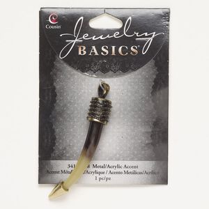 Pendant, brass and acrylic, pkg/1, 60x26mm talon, antique gold finish / tan / brown.