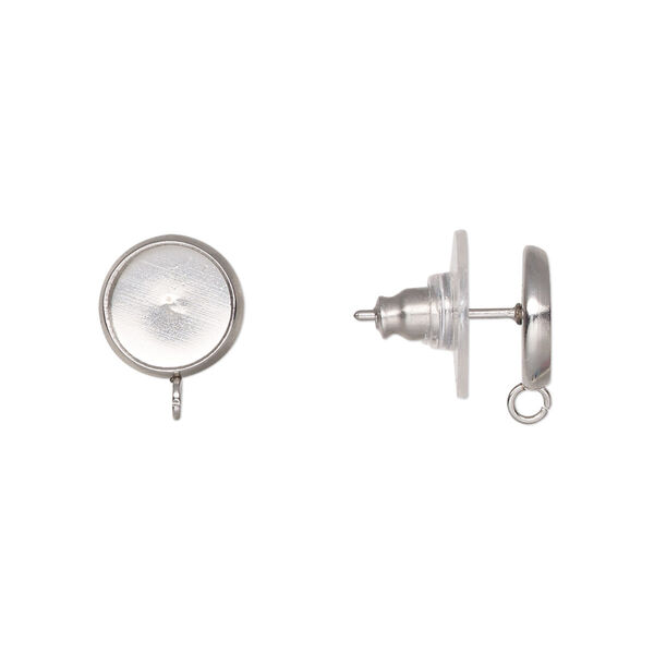 Earstud, stainless steel and acrylic, 12mm with open loop and 8mm round setting. Sold per pkg of 2 pair. image number 0