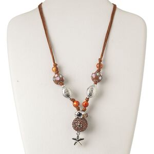 Necklace, polymer clay / acrylic / glass rhinestone / silver-coated plastic / plastic / silver-finished steel and "pewter" (zinc-based alloy) / waxed cotton cord, multicolored, 27mm round with star drop, 20 inches with lobster claw clasp and 2-inch extender chain. Sold individually.