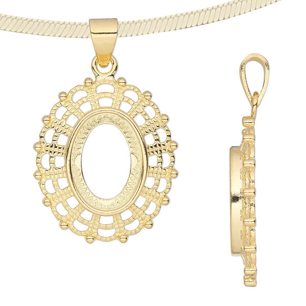 Pendant, gold-plated "pewter" (zinc-based alloy), 31.5x28mm fancy oval with 18x13mm oval setting. Sold per pkg of 4. image number 0