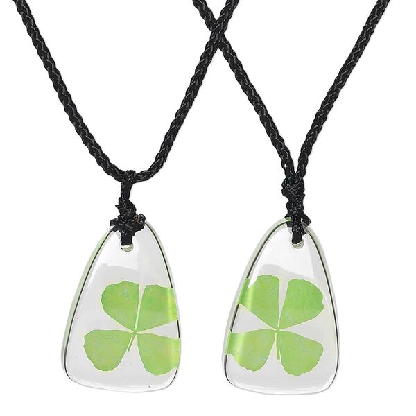 Necklace, resin / four-leaf clover / cotton, green / clear / black, 35x22mm triangle, adjustable from 16-1/2 to 22 inches. Sold per pkg of 2. image number 0