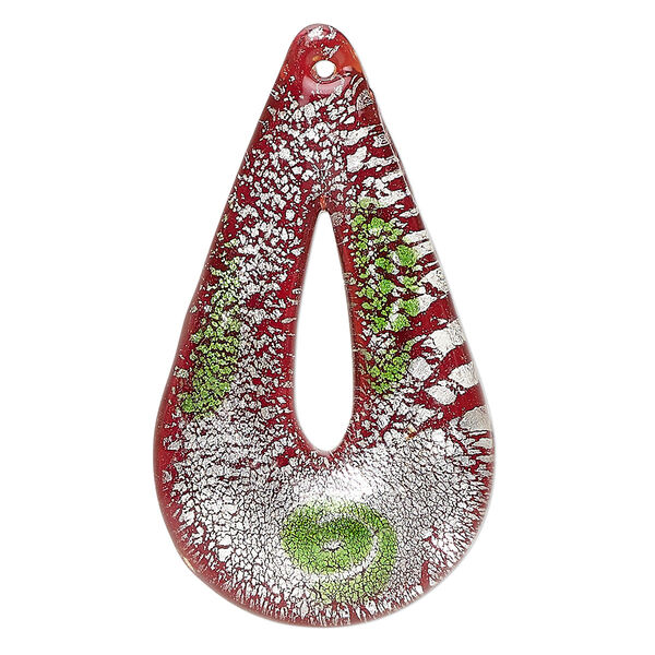 Focal, lampworked glass, clear / translucent red / green, 48x27mm-50x29mm teardrop go-go with silver-colored foil. Sold individually. image number 0