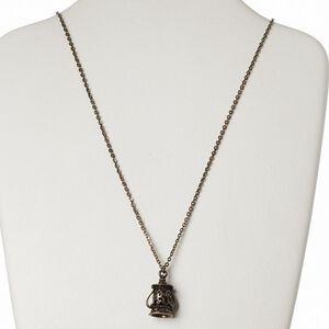 Necklace, antiqued brass-finished brass / "pewter" (zinc-based alloy) / steel, 32x24mm pagoda, 32 inches with 2-inch extender chain and lobster claw clasp. Sold individually.