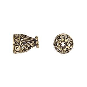 Cone, antique gold-finished brass, 13x10mm filigree, 8mm hole. Sold per pkg of 6.