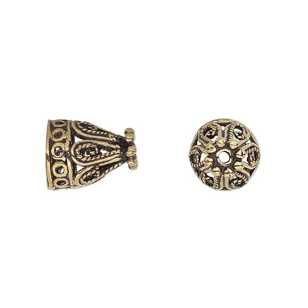 Cone, antique gold-finished brass, 13x10mm filigree, 8mm hole. Sold per pkg of 6. image number 0