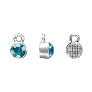 Drop, silver-finished "pewter" (zinc-based alloy) and glass rhinestone, aqua blue, 8mm faceted round, March birthstone. Sold per pkg of 4.