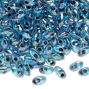 Seed bead, Miyuki, glass, pkg/250g, 7x4mm long magatama, translucent black inside dyed color aqua blue, (LMA-2168).