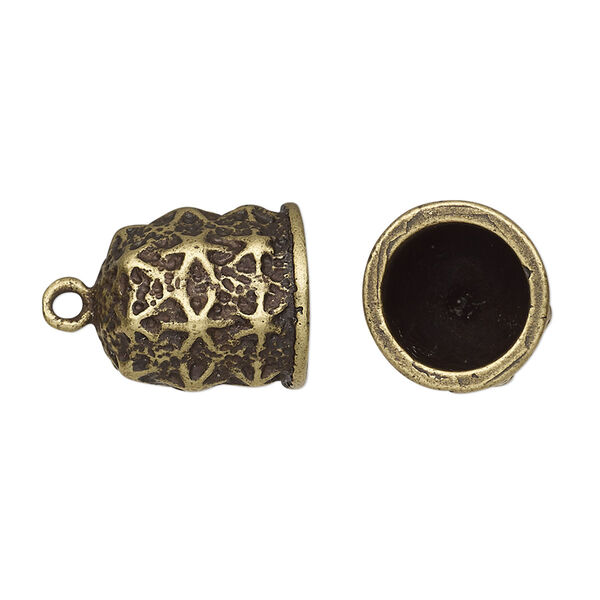 Cord end, JBB Findings, glue-in, antique brass-plated pewter (tin-based alloy), 15.5x14mm bell with star design, 10mm inside diameter. Sold individually. image number 0