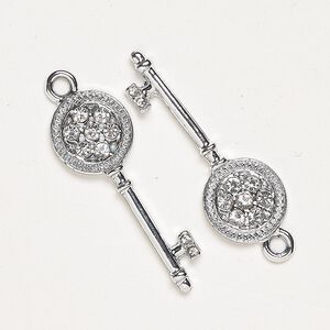 Charm, "pewter" (zinc-based alloy) and glass, pkg/2, silver finish and clear, 30x11mm single-sided key.