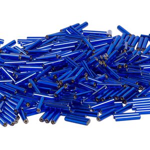 Bead, Miyuki, bugle bead, glass, pkg/50 g, 12x2.4mm center-drilled, silver-lined translucent sapphire blue, (RBU-0020).