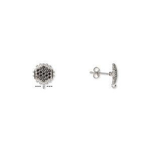 Earstud 1pkg2 sterling silver / black spinel (natural), 12x11mm beaded hexagon / open loop, 1 pair