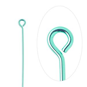 Eye pin, electro-coated brass, green, 1-1/2 inches, 21 gauge. Sold per pkg of 10.