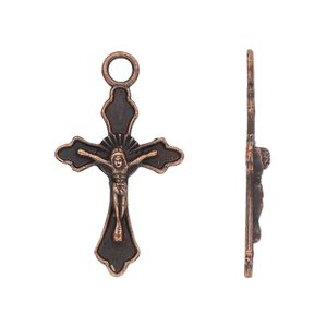 Drop, antique copper-plated "pewter" (zinc-based alloy), 26x17mm single-sided crucifix. Sold per pkg of 10.