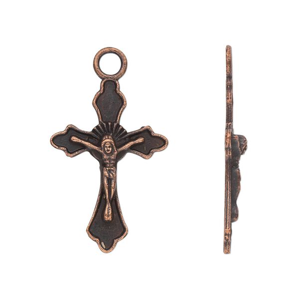Drop, antique copper-plated "pewter" (zinc-based alloy), 26x17mm single-sided crucifix. Sold per pkg of 10. image number 0