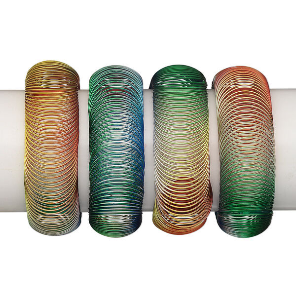Bracelet, stretch, steel, jewel tones, coil, 7 inches. Sold per pkg of 4. image number 0