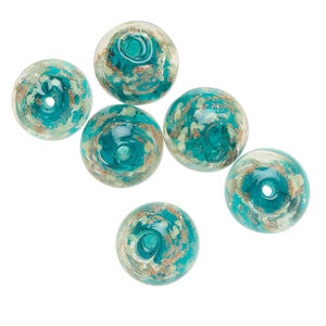 Bead, lampworked glass, clear / teal / glow-in-the-dark / gold, 12mm round. Sold per pkg of 6.