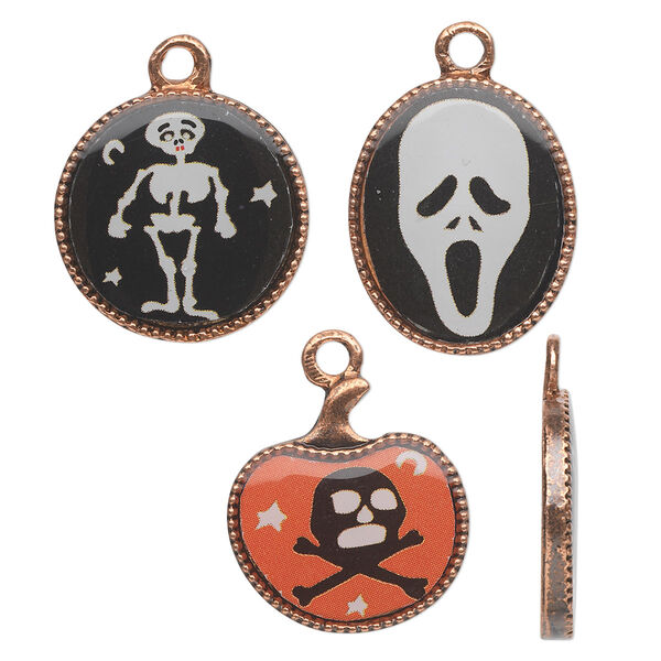 Charm, acrylic and antique copper-finished "pewter" (zinc-based alloy), black / white / orange, 17mm flat round with skeleton / 18x15mm flat oval with ghost head / 17x16mm pumpkin with skull and crossbones. Sold per 3-piece set. image number 0