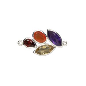 Link, sterling silver and multi-gemstone (natural / dyed / heated), multicolored, 20x14mm single-sided leaf, Mohs hardness 6-1/2 to 7-1/2. Sold individually.