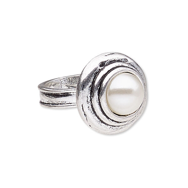 Ring, plastic pearl and antique silver-plated "pewter" (zinc-based alloy), white, 9mm round, size 8. Sold individually. image number 0