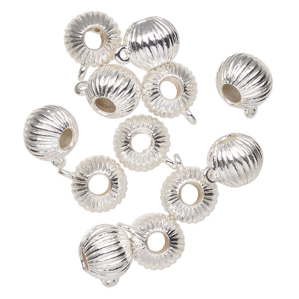 Bead, silver-finished "pewter" (zinc-based alloy), 12x11mm corrugated round with closed loop. Sold per pkg of 12. image number 0