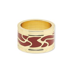 Ring, Avant-Garde Jewelry Collection, enamel and gold-plated brass, red, 14mm wide with swirl design, size 8-1/2. Sold individually.