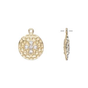 Drop, cubic zirconia and gold-finished sterling silver, clear, 13mm double-sided textured flat round with cross. Sold individually.