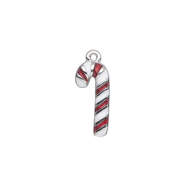 Charm, silver-plated "pewter" (zinc-based alloy) and enamel, red and white, 17.5x8mm single-sided candy cane. Sold individually. image number 0