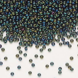 Seed bead, Preciosa Ornela Czech glass, pkg/50g, #11 rocaille, opaque green iris black, (59155).