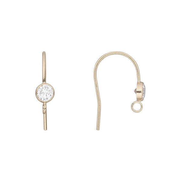 Ear wire, cubic zirconia and 14Kt gold-filled, clear, 15mm fishhook with 4mm faceted round and open loop, 21 gauge. Sold per pair. image number 0