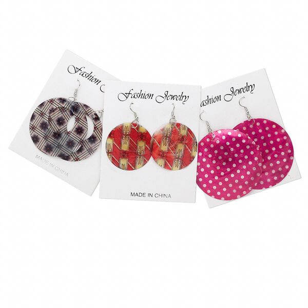 Earring mix, Capiz shell (dyed / coated) and imitation rhodium-finished steel, 2 to 3-1/4 inches with mixed decal design. Sold per pkg of 3 pairs. image number 0