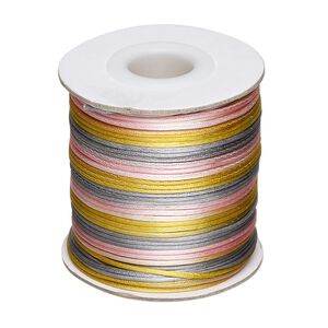 Cord, Satinique™, satin, pink / gold / grey, 1mm mini. Sold per 200-foot spool.