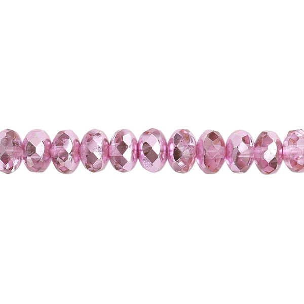 Bead, Czech fire-polished glass, metallic bubblegum, 7x5mm faceted rondelle. Sold per 15-1/2" to 16" strand. image number 0