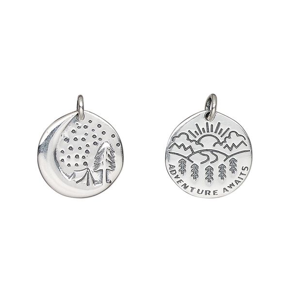 Drop, antiqued sterling silver, 13mm 2-sided flat round with moon / tent / tree and sun / hills / trees and "ADVENTURE AWAITS." Sold individually. image number 0