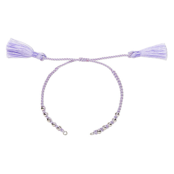 Bracelet component, nylon and silver-finished brass, lavender, 9-3/4 inches with adjustable macramé closure and (2) 5mm open loops. Sold individually. image number 0
