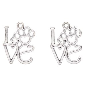 Charm, antique silver-finished "pewter" (zinc-based alloy), 22x19mm "Love" with paw print. Sold per pkg of 2.