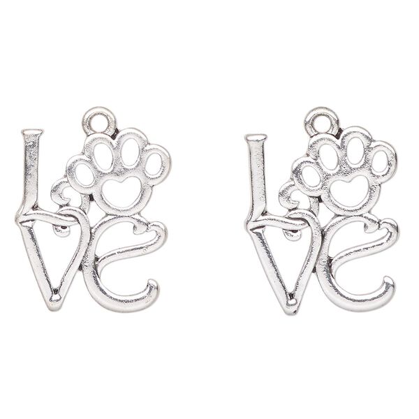 Charm, antique silver-finished "pewter" (zinc-based alloy), 22x19mm "Love" with paw print. Sold per pkg of 2. image number 0