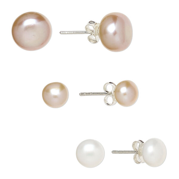 Earstud mix, Create Compliments®, cultured freshwater pearl (natural / bleached) and sterling silver, peach / white / mauve, 6-8mm button with post. Sold per pkg of 3 pairs. image number 0