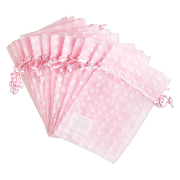 Pouch, flocked organza, pink and white, 6x4 inches with dots pattern and drawstring closure. Sold per pkg of 12. image number 0
