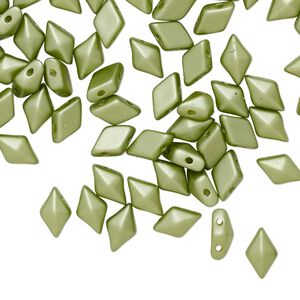 Bead, DiamonDuo™, Czech pressed glass, opaque pastel olivine, 8x5mm faceted diamond with flat back and (2) 0.7-0.8mm holes. Sold per 50-gram pkg, approximately 350 beads.