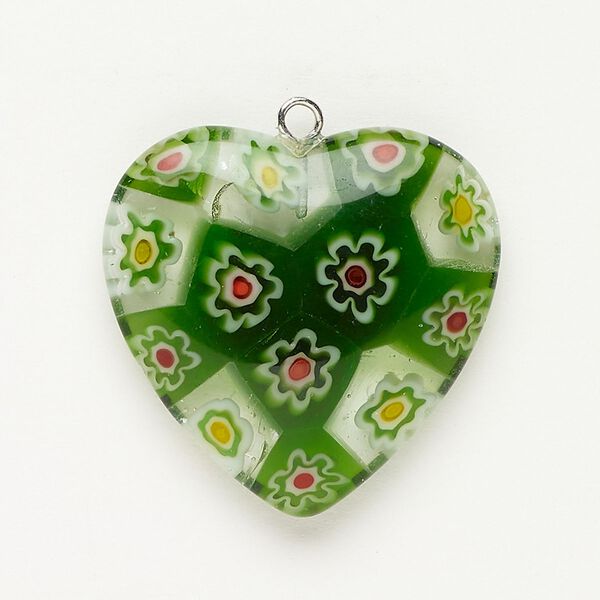 Focal 1pkg1 silver-finished steel and millefiori glass, translucent and transparent green and multicolored, 29-30mm puffed heart. image number 0